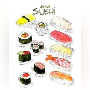 SUSHI WATERCOLOR WALL ART PRINT JAPANESE FOOD CALIFORNIA ROLL UNFRAMED 9x12